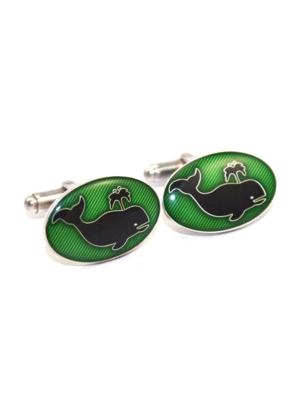 Brooks Brothers Sterling Silver Green Enamel Whale Cufflinks Vintage 80s Style
